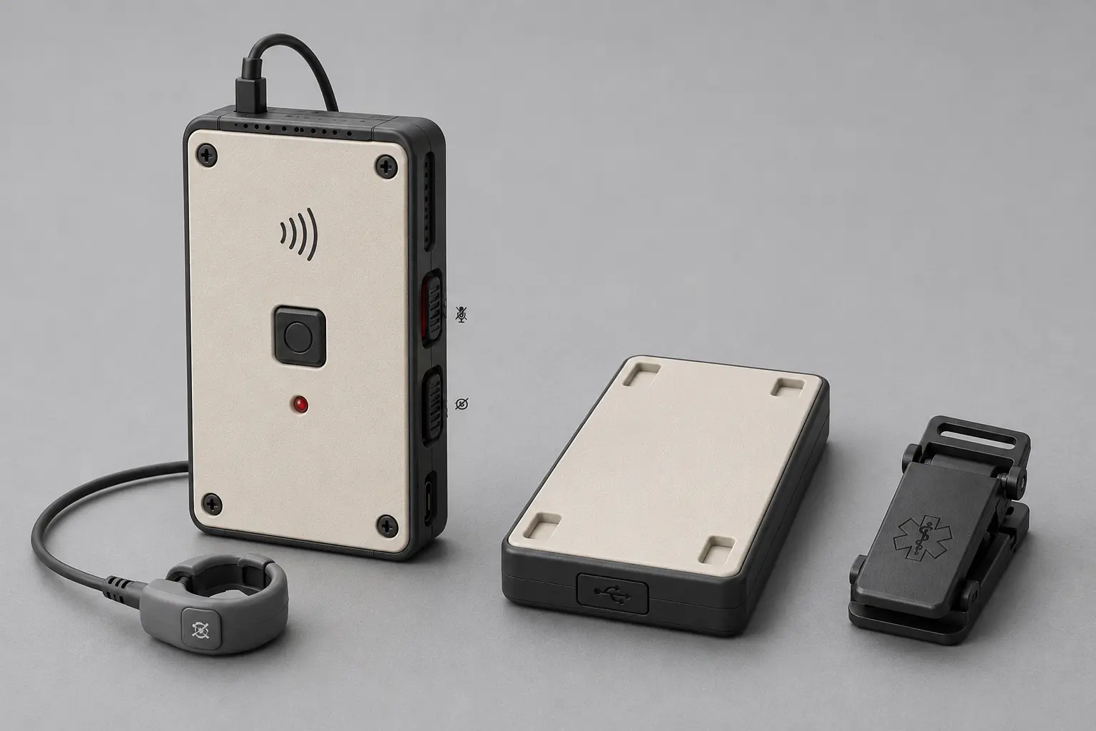 Compact Caslog wearable care recorder with garment clip and optional vitals ring
